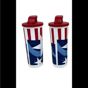 2 ❤️🤍💙 Patriotic tupperware 16oz tall red white blue stars stripes. Flip top